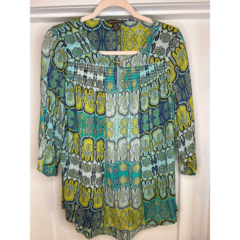 Tommy Bahama Womens Paisley Smocked Split Neck 3/4 Sleeve Blue Top Boho Peasant